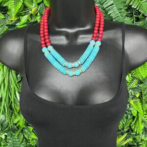 Red and Turquoise Double Strand Beaded Statement Necklace Southwestern Boho 3788